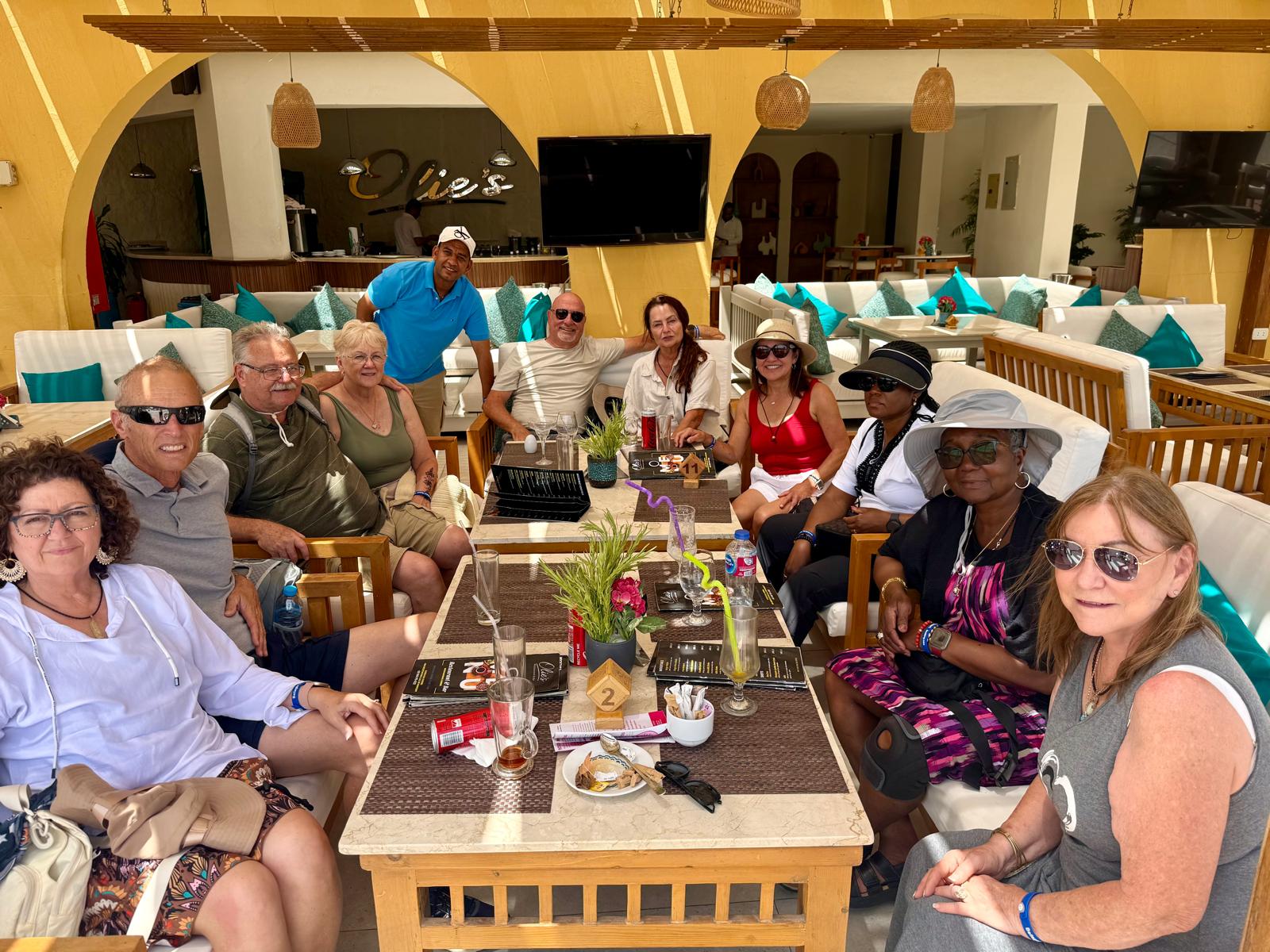 Small group travelers relaxing together